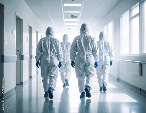 Business professionals walking in modern office hallway.