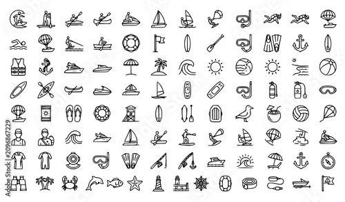 Fotografie Beach Watersports Line Icon Set Editable Stroke Vector Collection