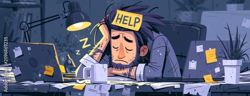 Tired office worker sleeping at desk with help note on head  