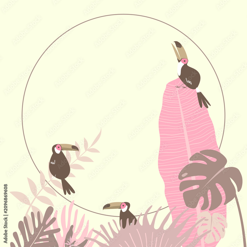 Fototapeta premium Pink tropical bird circle frame, yellow design