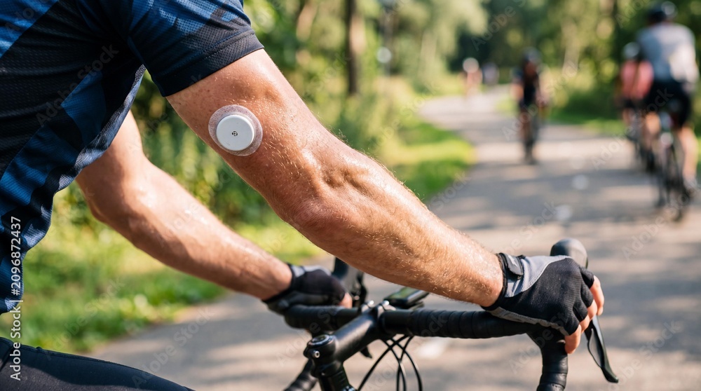 Obraz premium Cyclist riding with continuous glucose monitor CGM sensor on arm