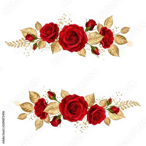 Red roses with gold accents in elegant arrangement isolated on transparent background
