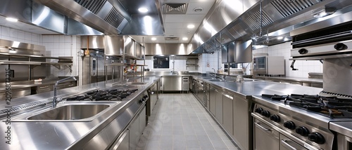Modern stainless steel commercial kitchen with industrial appliances and large ventilation systems