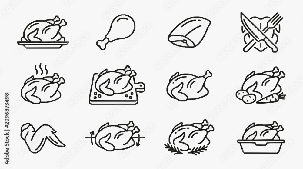 Obraz premium Clean Black and White Line Drawing Icons of Various Chicken Dishes and Preparation Methods with high quality professional line art symbols for modern creative design and digital branding projects
