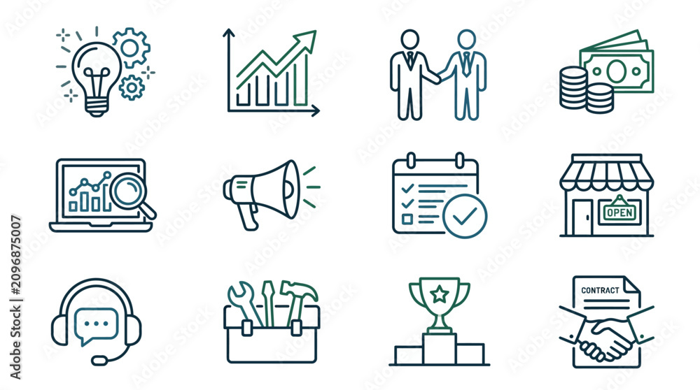 Fototapeta premium Dynamic Business Growth and Success Icons Set Minimalist Line Art Illustrations in Green and Blue
