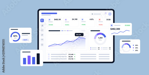Financial Analytics Dashboard with Charts and KPI Widgets. Modern business dashboard illustration featuring revenue metrics, growth charts, goal progress, donut graphs, bar charts. Vector UI, UX, App