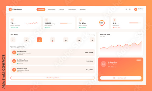 Medical dashboard and health tracker UI vector template. Modern hospital portal interface layout featuring heart rate analytics, patient medical records. Healthcare dashboard with UI, UX. Vector
