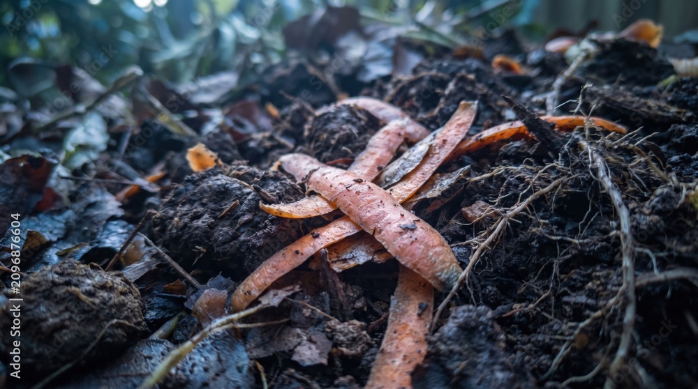 Fototapeta premium Low-angle close-up of damp compost layered with curled vegetable peel ribbons, dark leaf litter, fibrous roots and broken stems, capturing active organic decay in a cool shaded garden setting
