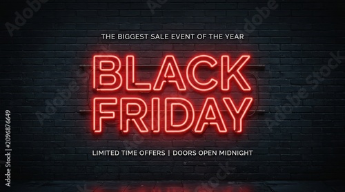 Black Friday Neon Sign on Brick Wall with Sale Event Text