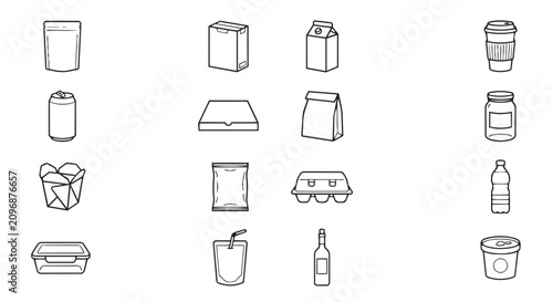 Various food packaging and delivery container icons in line art with packaging container delivery takeaway
