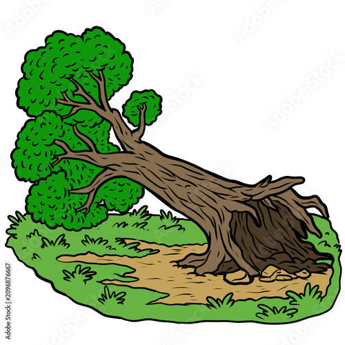 Фотография Cartoon fallen tree uprooted on grass ground illustration PNG