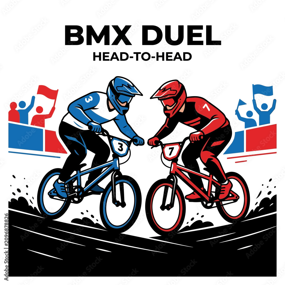 Obraz premium BMX Riders Compete Fiercely In A Dramatic Head To Head Duel Race On An Outdoor Track