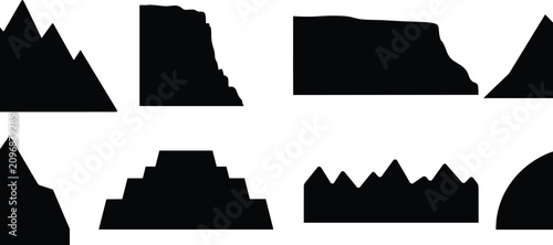 Fényképezés Mountain, Cliff, Plateau, and Rock Formation Silhouette Icons Set with Nature La