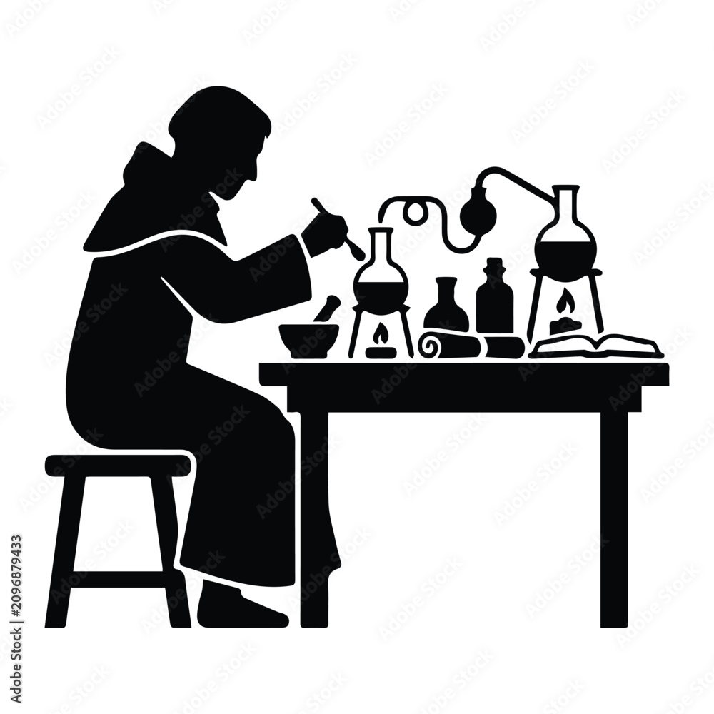 Fototapeta premium Alchemist at table icon Silhouette Vector black design on a white background