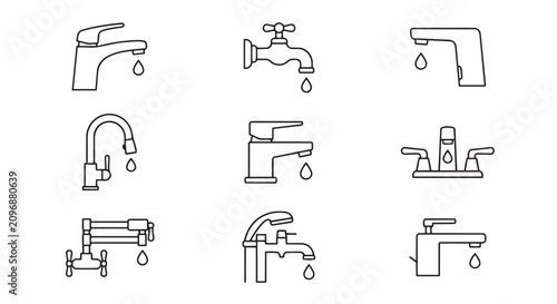 Collection of hand drawn faucet and water tap icons with plumbing bathroom illustration renovation