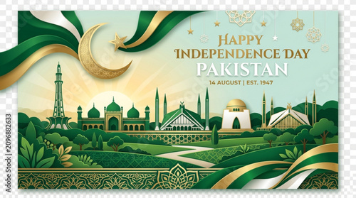 Konstfotografi Elegant green and gold pakistani independence day celebration banner featuring i