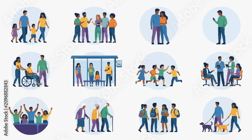 Canvas Print Group of diverse people engaging in various social interactions.