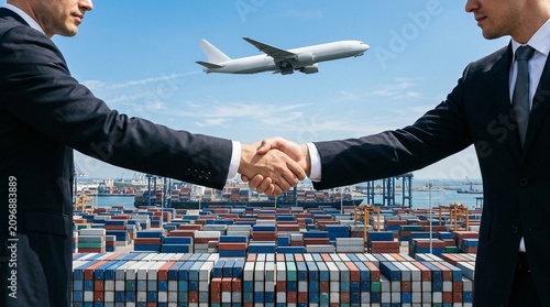 Business handshake over container port for logistics and global trade