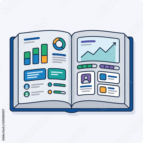 Open Book with Data Analysis Charts and Business Report Information
