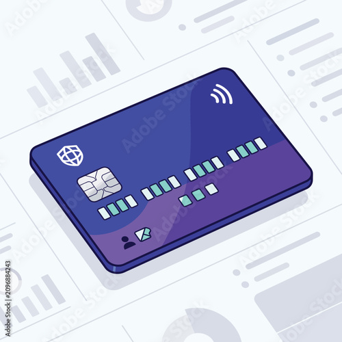 Isometric Credit Card with Contactless Payment Symbol on Financial Data Background