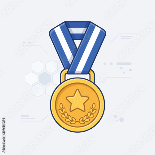 Professional Gold Medal Vector Icon with Blue Ribbon Star and Laurel Wreath