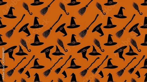 Witch hats and brooms seamless halloween pattern on orange background