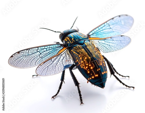 Close up of a blue and orange butterfly on white background.
