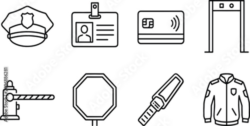 Security and police access control line icons set representing checkpoint identification protection safety surveillance and monitoring concepts