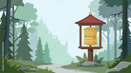 Konstfotografi Tibetan Prayer Wheel in Misty Forest Path with Evergreen Trees and Rocks, Serene