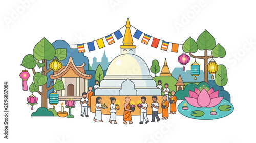 Cuadro en lienzo Buddhist Pilgrimage Procession with Monks and Devotees at Sacred Stupa Temple, F
