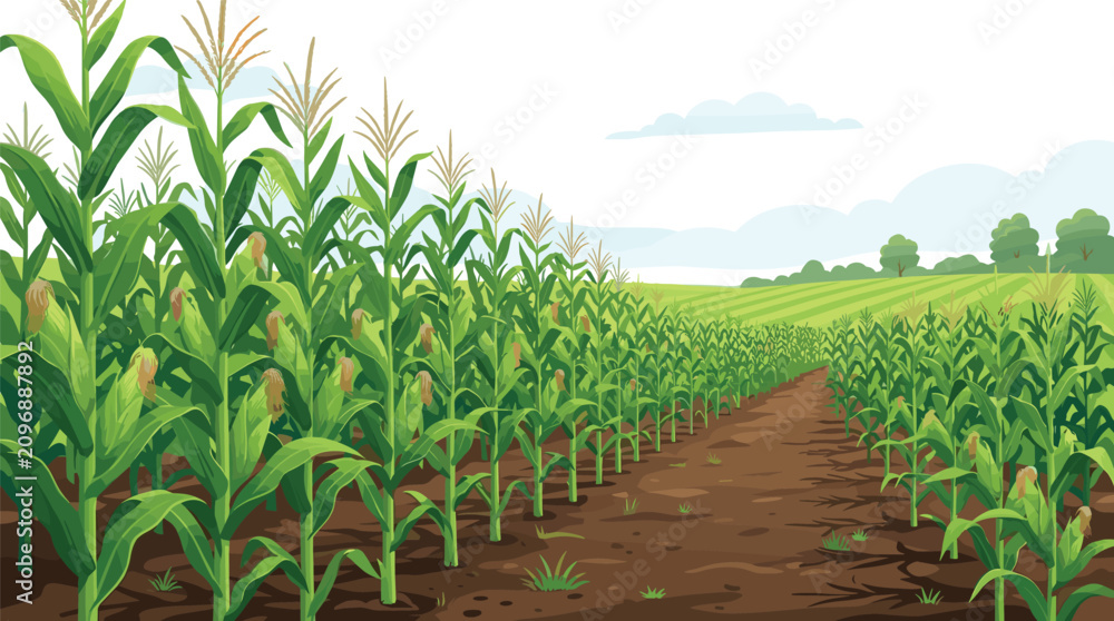 Obraz premium Corn Field Landscape Vector Illustration with Rows of Maize Plants for Agriculture Farming and Autumn Harvest Graphics