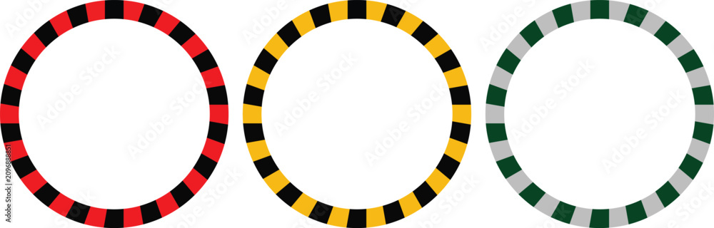 Foto Circular dashed border frames set, round geometric ring patterns in red yellow a