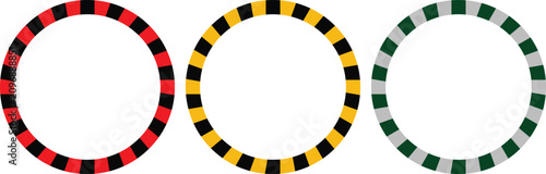 Foto Circular dashed border frames set, round geometric ring patterns in red yellow a