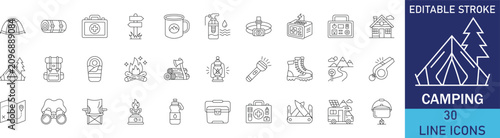 Schilderij op canvas Outdoor camping adventure and wilderness nature tourism line icon set