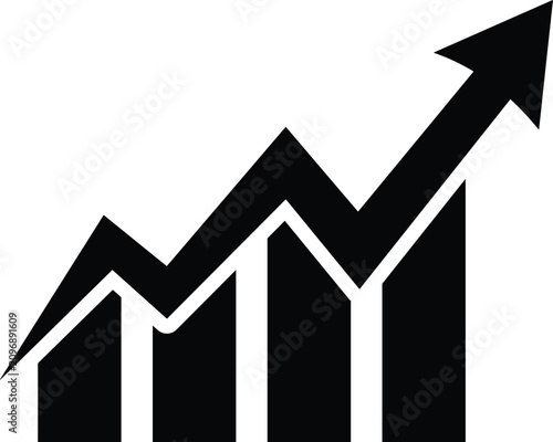 Foto Black and white graphic showing a rising bar chart with an upward trending arrow