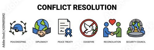 Fotografía Conflict Resolution web banner icon vector illustration concept with icons of peacekeeping, diplomacy, peace treaty, ceasefire, reconciliation, and security council