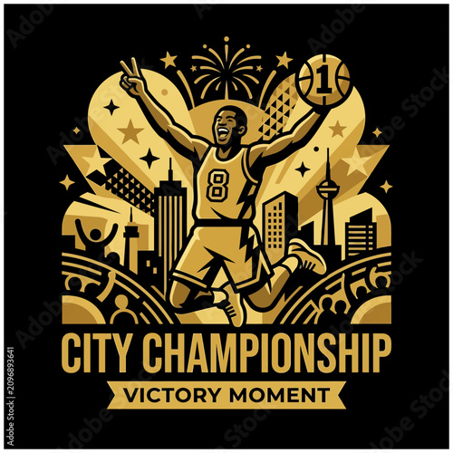 Athletic Victory Celebration With City Skyline And Golden Emblems