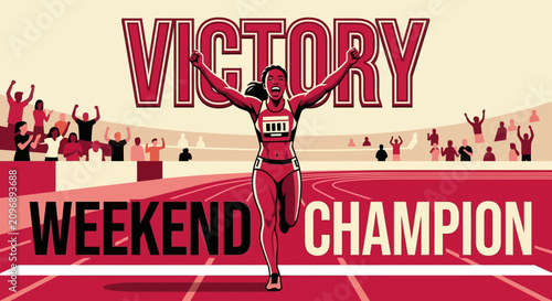Athletic Victory Celebration Woman Champion Crossing Finish Line With Crowd Cheers