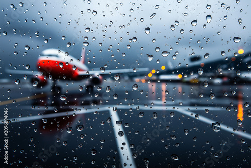 Raindrops on terminal window with a blurred passenger airplane taxiing on wet runway on a rainy day at the airport 