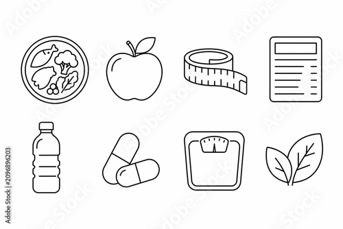 Nutrition and Healthy Lifestyle Icons Pack Outline Vector