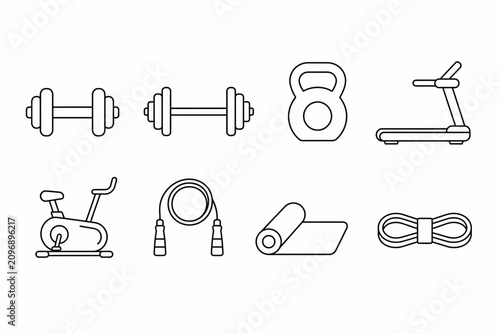 Fitness Equipment and Gym Workout Icons Pack Outline Vector