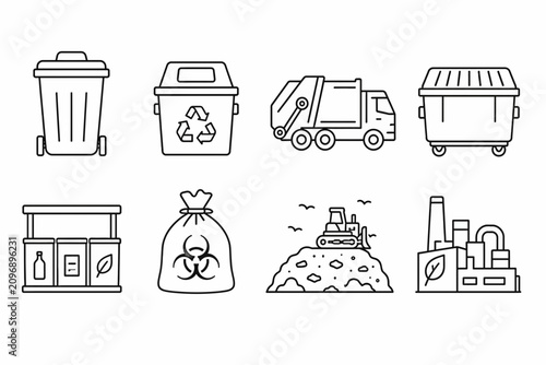 Waste Management and Recycling Services Icons Pack Outline Vector