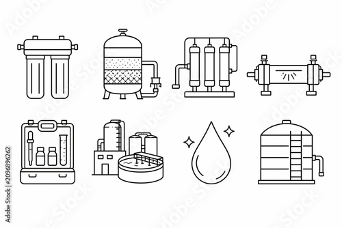 Water Treatment Equipment Thin Line Icons Pack Vector