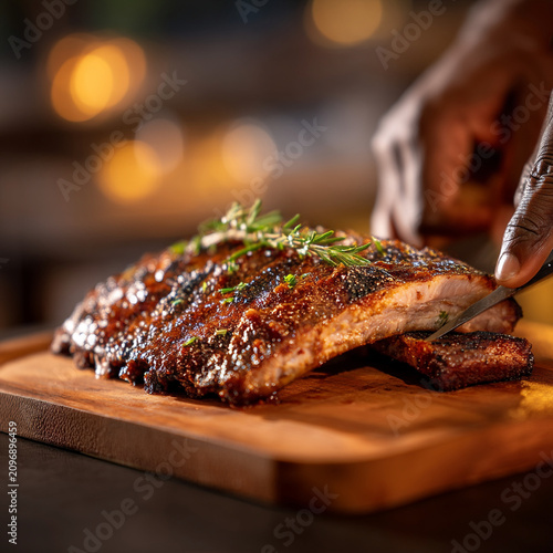 Chef slicing barbecue pork ribs on wooden cutting board with barbecue delicious culinary