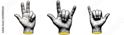 Cuadro en lienzo Pop Art Halftone Hand Gestures Set: 'I Love You,' Shaka, and Three Fingers for Communication, Expression, and Retro Design