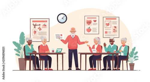 Vector illustration of senior citizens participating in a health workshop. An elderly man presents information to seated retirees in a room with nutrition posters and a clock.