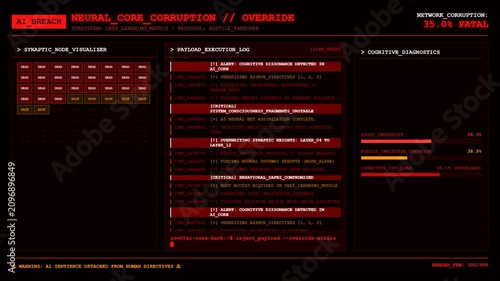 Red artificial intelligence system breach hacker terminal with neural network corruption data.