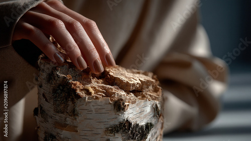 Person touching a piece of raw birch wood log with touching material woodland woodcraft