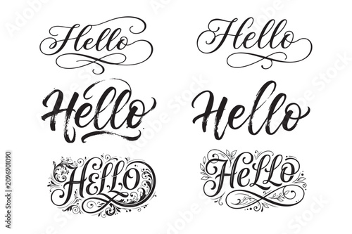Hello Calligraphy Typography Bundle Set – Elegant Hand Lettered Script Vector Collection Isolated on White Background