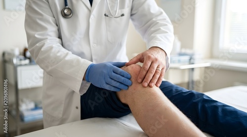 A doctor examines a patient's knee in a medical office setting.